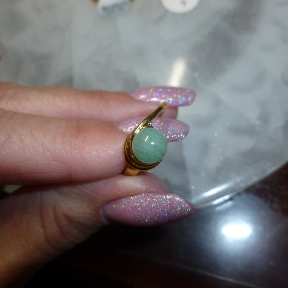 18k Yellow Gold EP Green Aventurine Dolphin Ore Ring - Picture 9 of 10